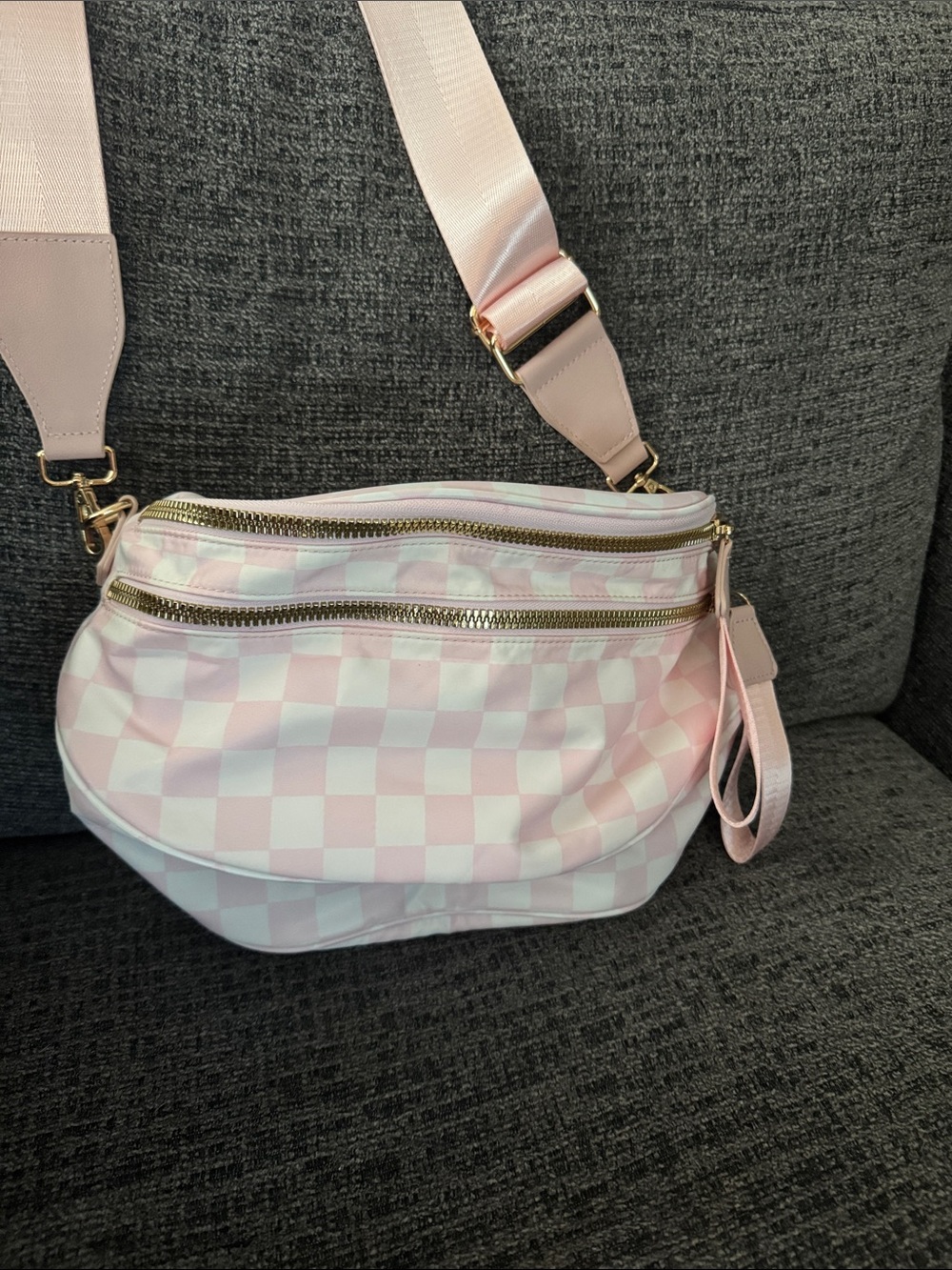 Pastel Pink Checkered Crossbody Bag with Adjustable Strap